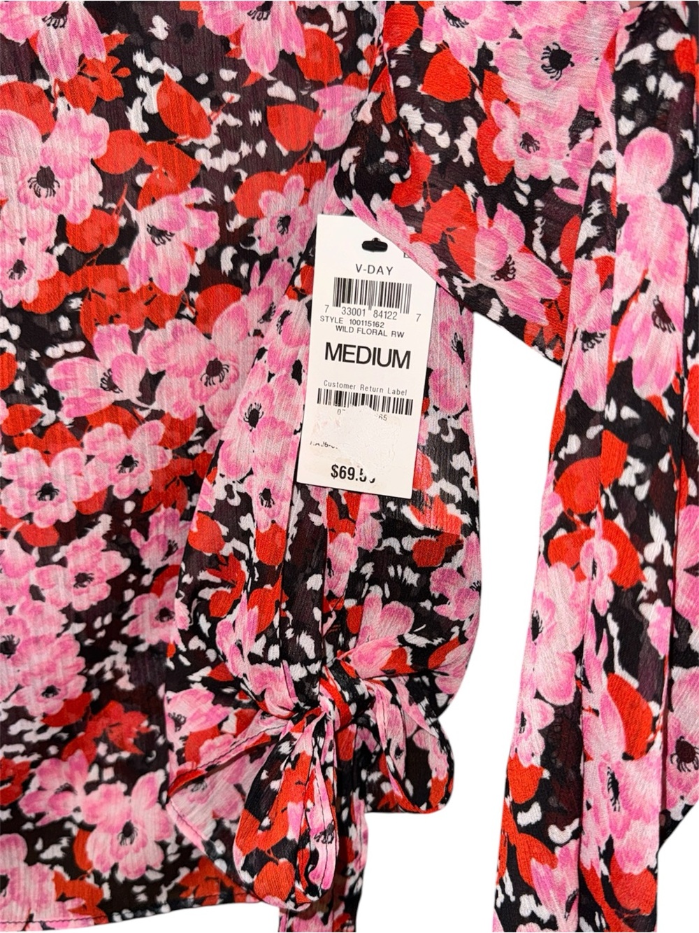 Bar III Pink & Red Floral V-Neck Puff Long Sleeve Blouse Size Medium - Picture 3 of 8